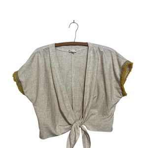 Anthropologie Cream Tie-Front Blouse with Yellow Accents